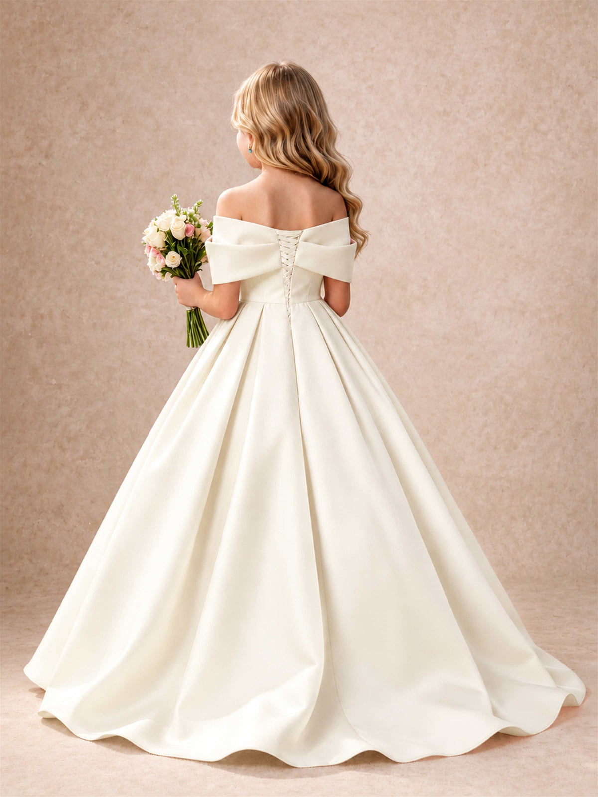 Off Shoulder Satin Flower Girl Dress Bow Detail Ball Gown for Wedding Pageant