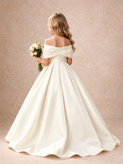 Off Shoulder Satin Flower Girl Dress Bow Detail Ball Gown for Wedding Pageant