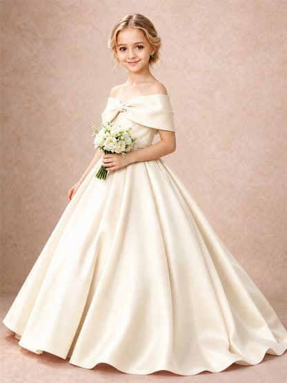 Off Shoulder Satin Flower Girl Dress Bow Detail Ball Gown for Wedding Pageant