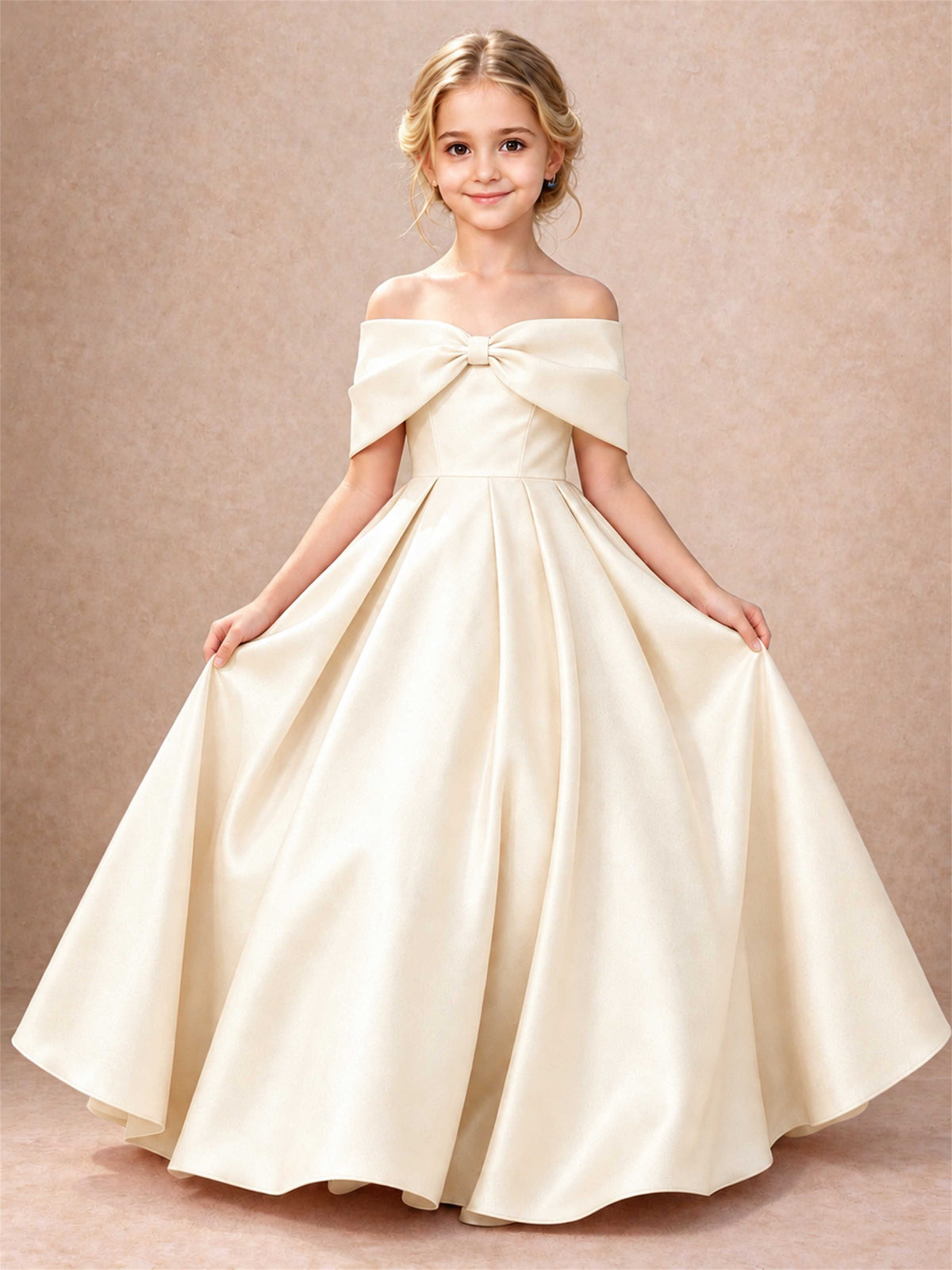 Off Shoulder Satin Flower Girl Dress Bow Detail Ball Gown for Wedding Pageant