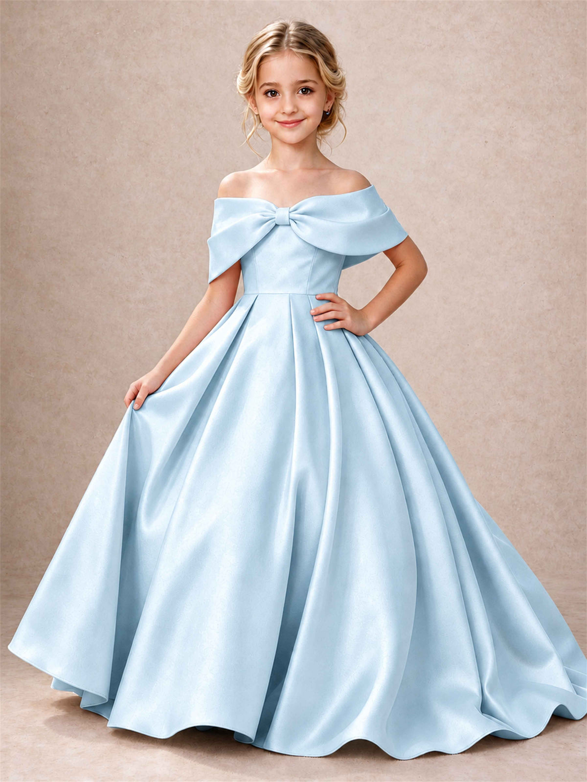 Off Shoulder Satin Flower Girl Dress Bow Detail Ball Gown for Wedding Pageant
