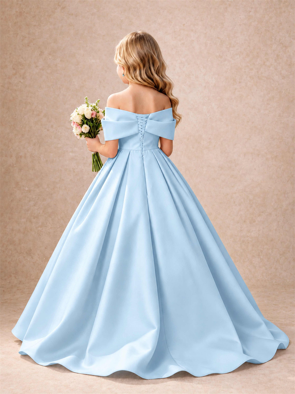 Off Shoulder Satin Flower Girl Dress Bow Detail Ball Gown for Wedding Pageant