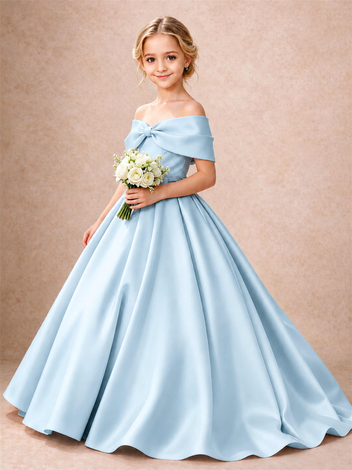Off Shoulder Satin Flower Girl Dress Bow Detail Ball Gown for Wedding Pageant