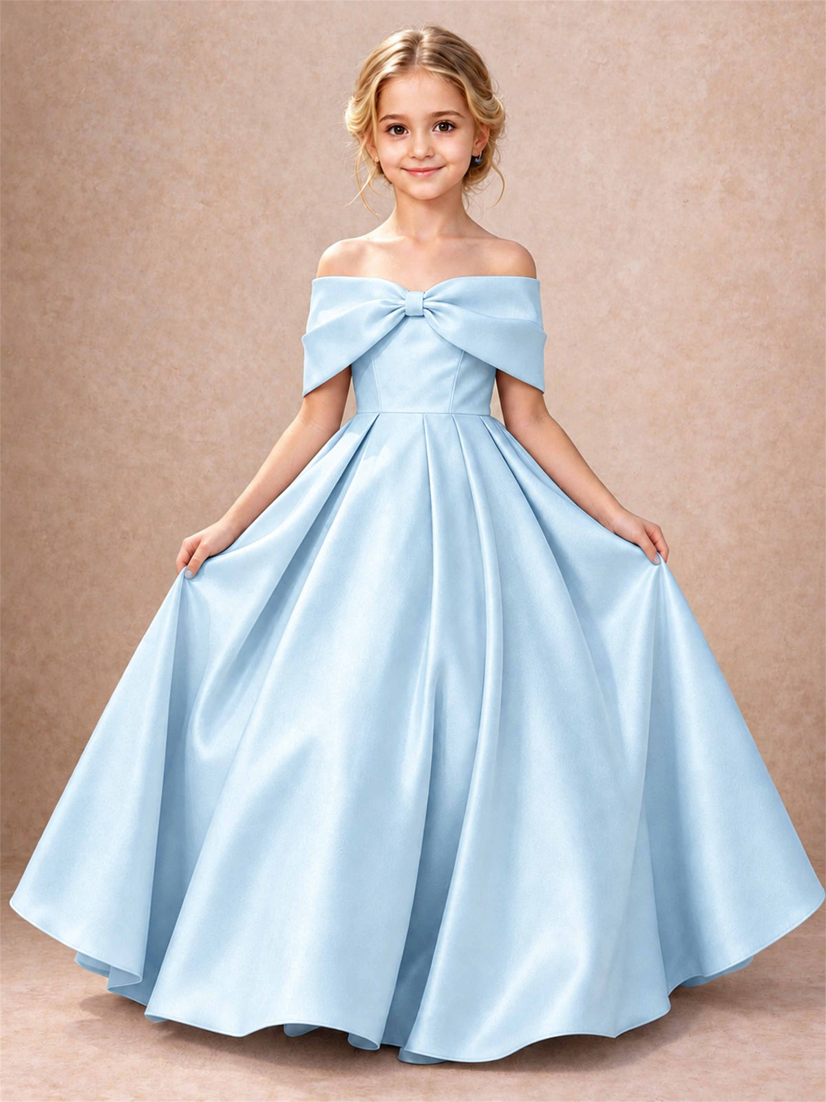 Off Shoulder Satin Flower Girl Dress Bow Detail Ball Gown for Wedding Pageant