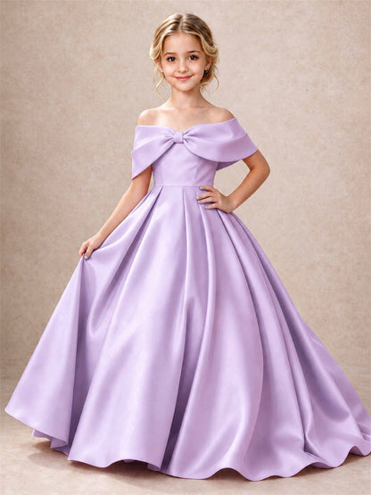 Off Shoulder Satin Flower Girl Dress Bow Detail Ball Gown for Wedding Pageant