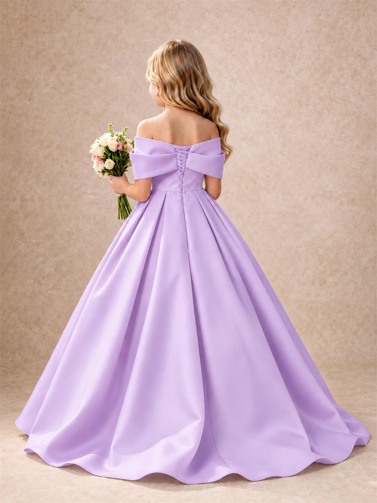 Off Shoulder Satin Flower Girl Dress Bow Detail Ball Gown for Wedding Pageant