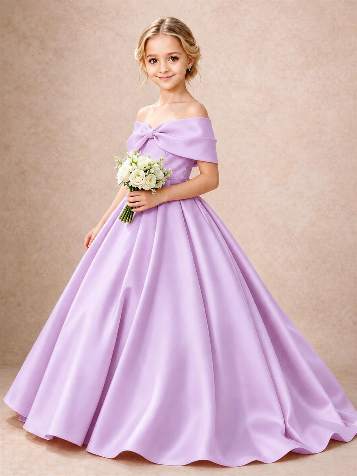 Off Shoulder Satin Flower Girl Dress Bow Detail Ball Gown for Wedding Pageant