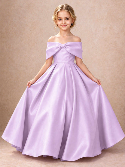 Off Shoulder Satin Flower Girl Dress Bow Detail Ball Gown for Wedding Pageant