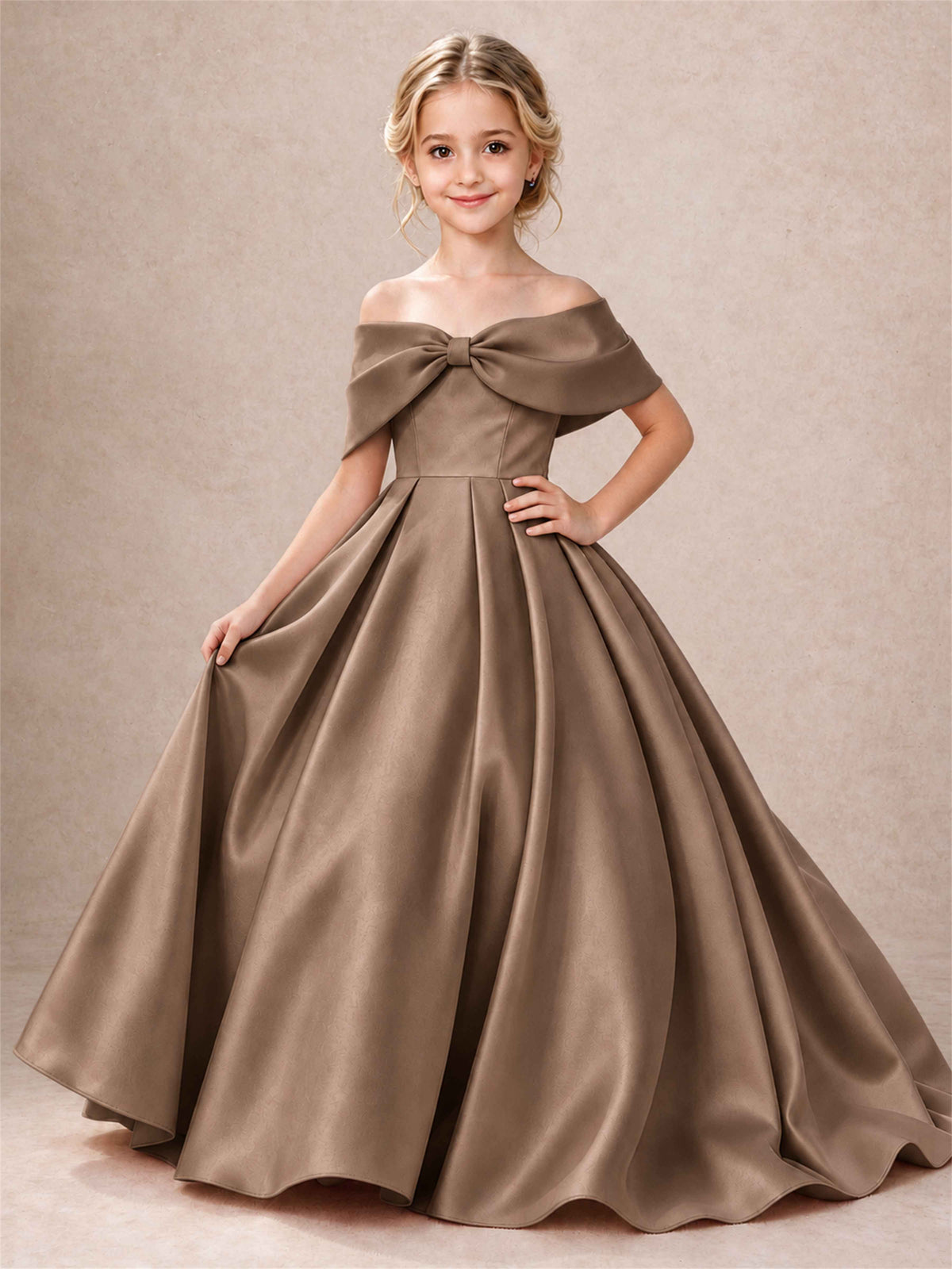 Off Shoulder Satin Flower Girl Dress Bow Detail Ball Gown for Wedding Pageant