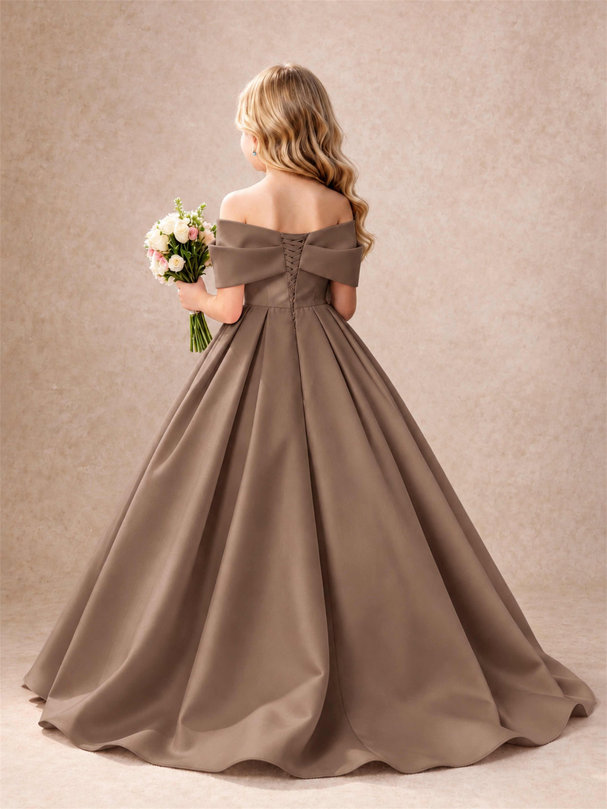 Off Shoulder Satin Flower Girl Dress Bow Detail Ball Gown for Wedding Pageant