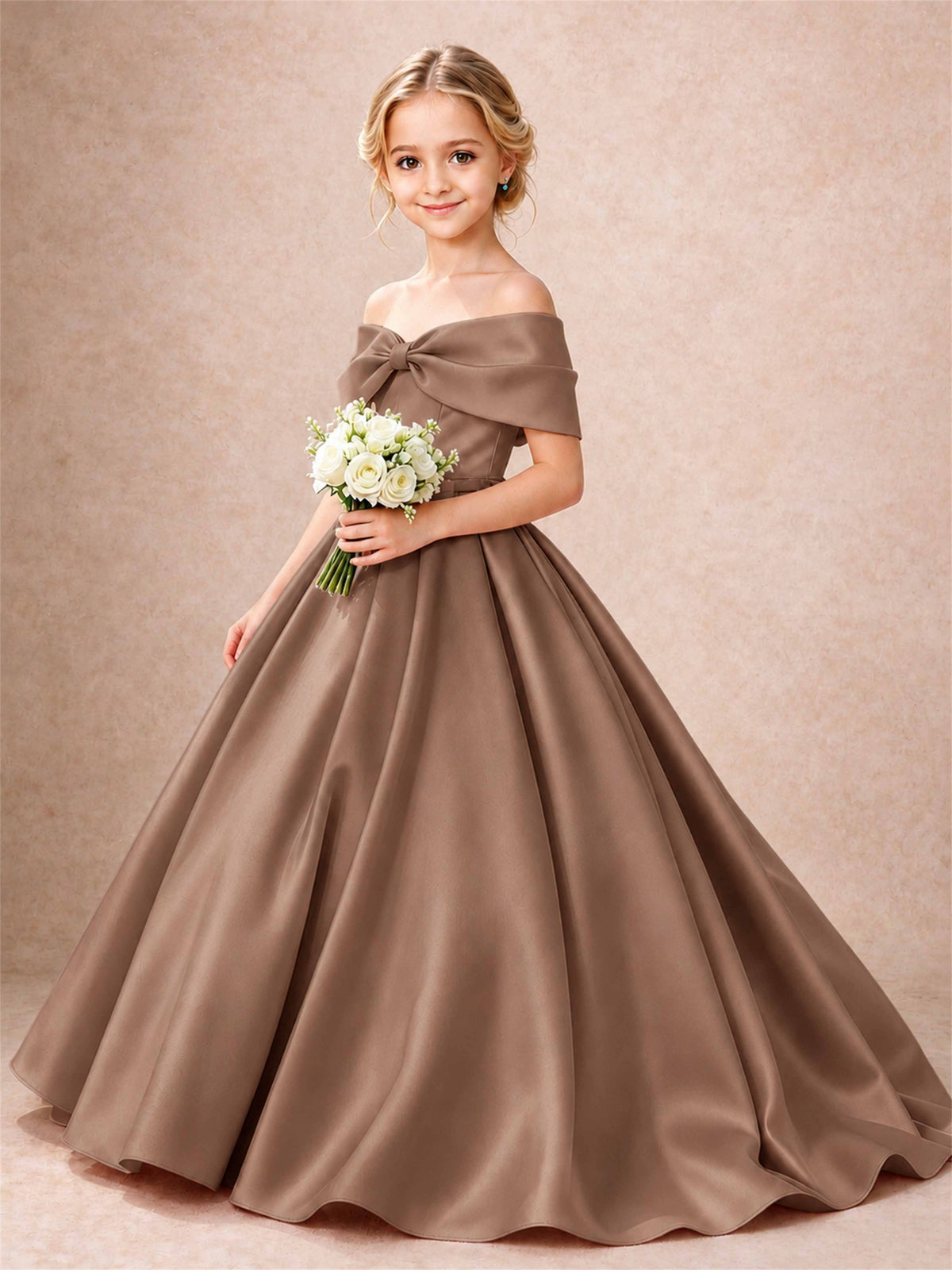Off Shoulder Satin Flower Girl Dress Bow Detail Ball Gown for Wedding Pageant