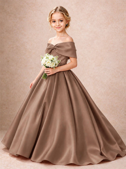 Off Shoulder Satin Flower Girl Dress Bow Detail Ball Gown for Wedding Pageant