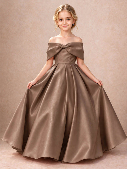 Off Shoulder Satin Flower Girl Dress Bow Detail Ball Gown for Wedding Pageant