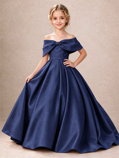 Off Shoulder Satin Flower Girl Dress Bow Detail Ball Gown for Wedding Pageant