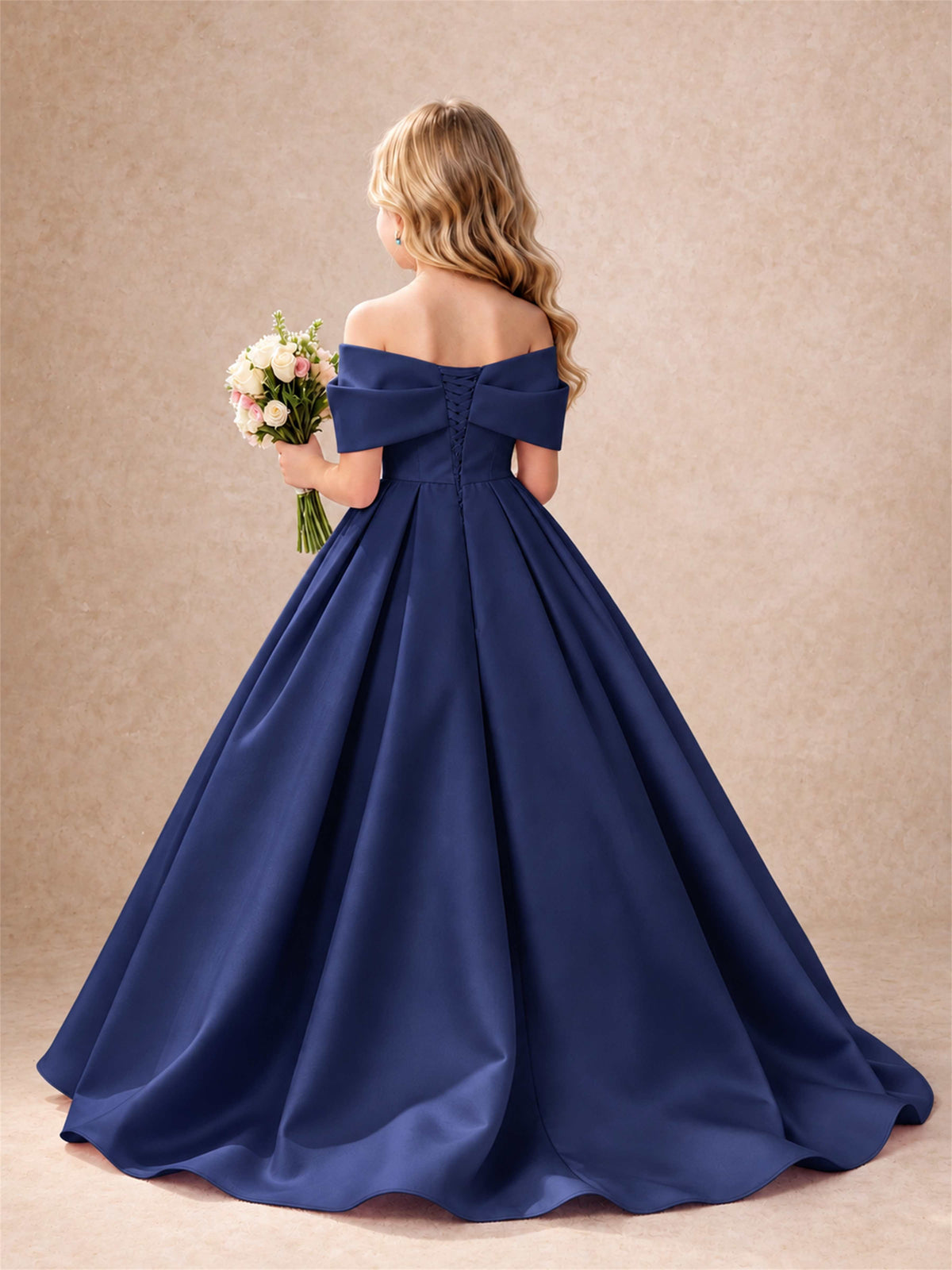 Off Shoulder Satin Flower Girl Dress Bow Detail Ball Gown for Wedding Pageant