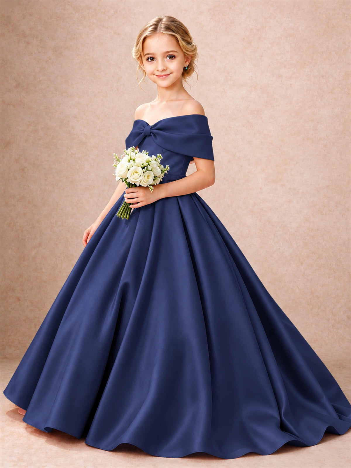 Off Shoulder Satin Flower Girl Dress Bow Detail Ball Gown for Wedding Pageant