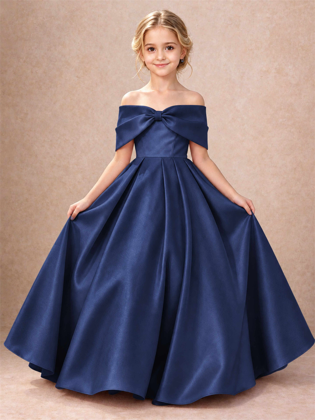 Off Shoulder Satin Flower Girl Dress Bow Detail Ball Gown for Wedding Pageant