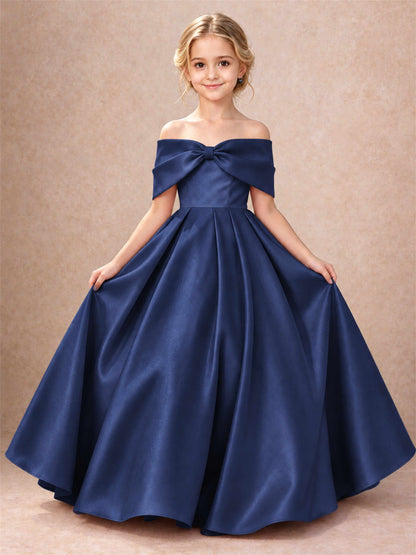 Off Shoulder Satin Flower Girl Dress Bow Detail Ball Gown for Wedding Pageant