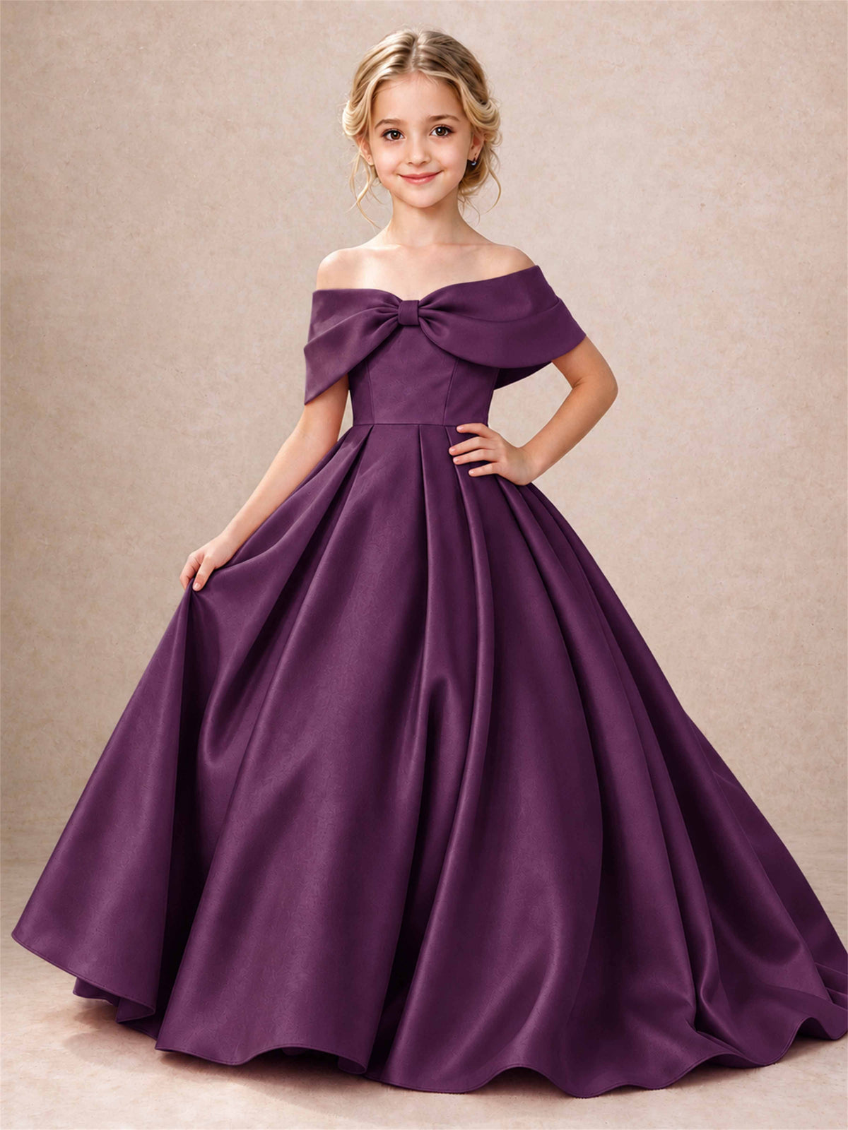 Off Shoulder Satin Flower Girl Dress Bow Detail Ball Gown for Wedding Pageant