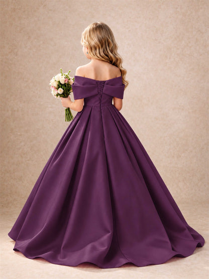 Off Shoulder Satin Flower Girl Dress Bow Detail Ball Gown for Wedding Pageant