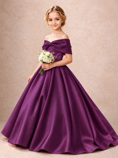 Off Shoulder Satin Flower Girl Dress Bow Detail Ball Gown for Wedding Pageant