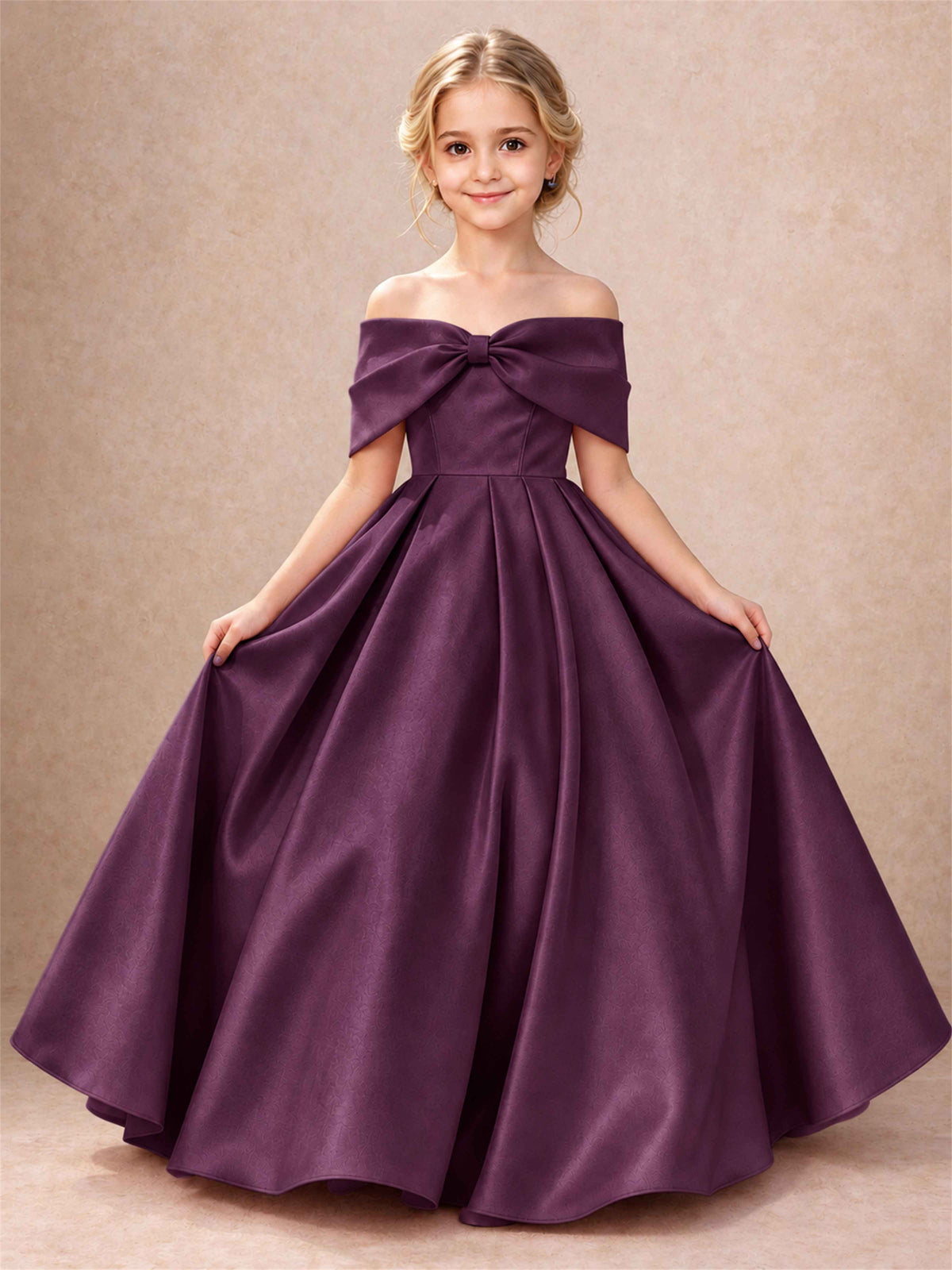 Off Shoulder Satin Flower Girl Dress Bow Detail Ball Gown for Wedding Pageant