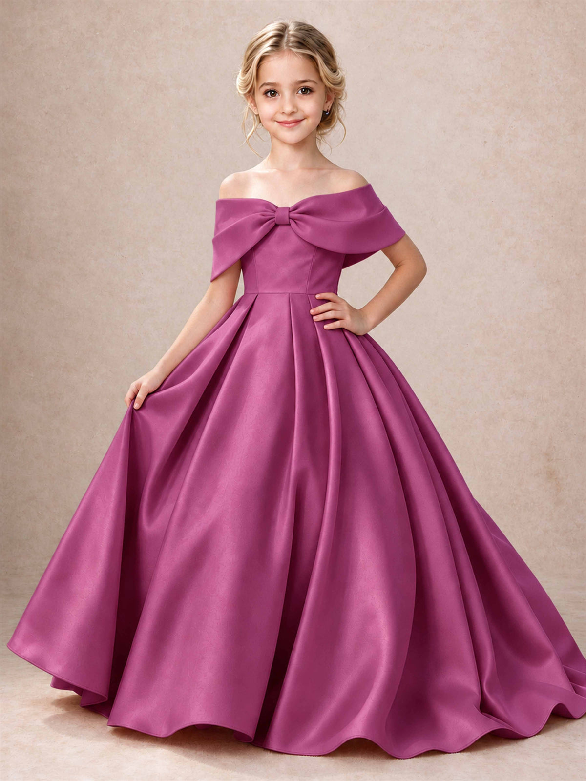 Off Shoulder Satin Flower Girl Dress Bow Detail Ball Gown for Wedding Pageant