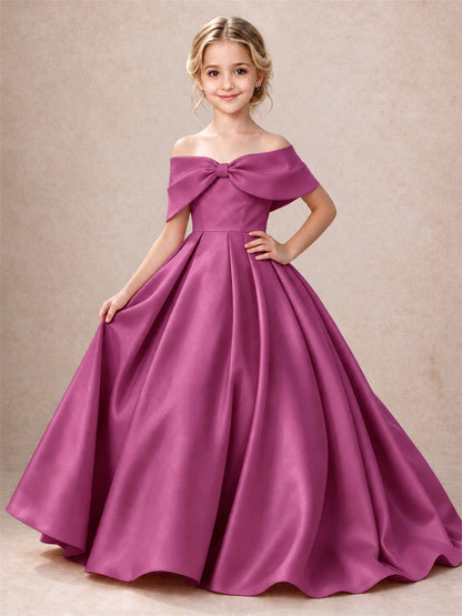 Off Shoulder Satin Flower Girl Dress Bow Detail Ball Gown for Wedding Pageant