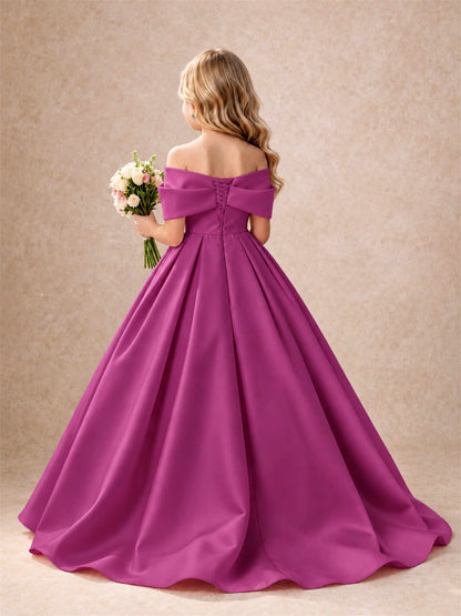Off Shoulder Satin Flower Girl Dress Bow Detail Ball Gown for Wedding Pageant
