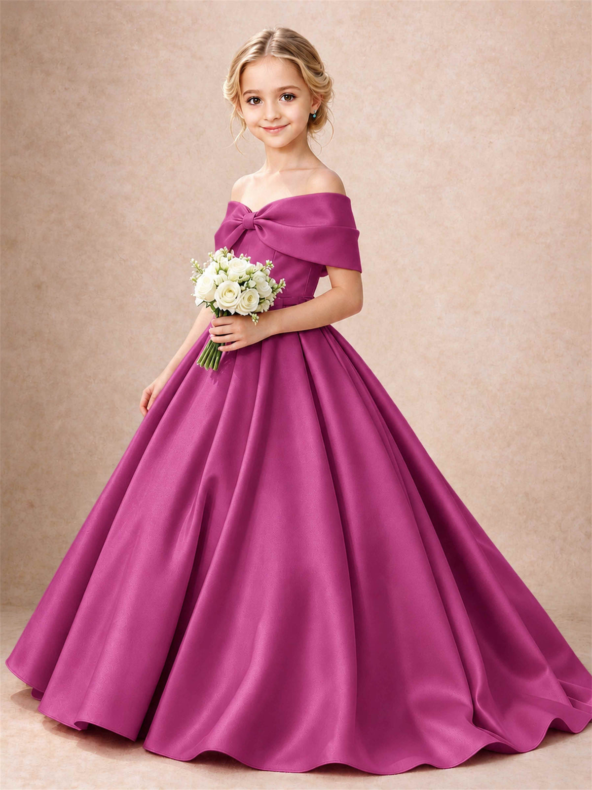Off Shoulder Satin Flower Girl Dress Bow Detail Ball Gown for Wedding Pageant