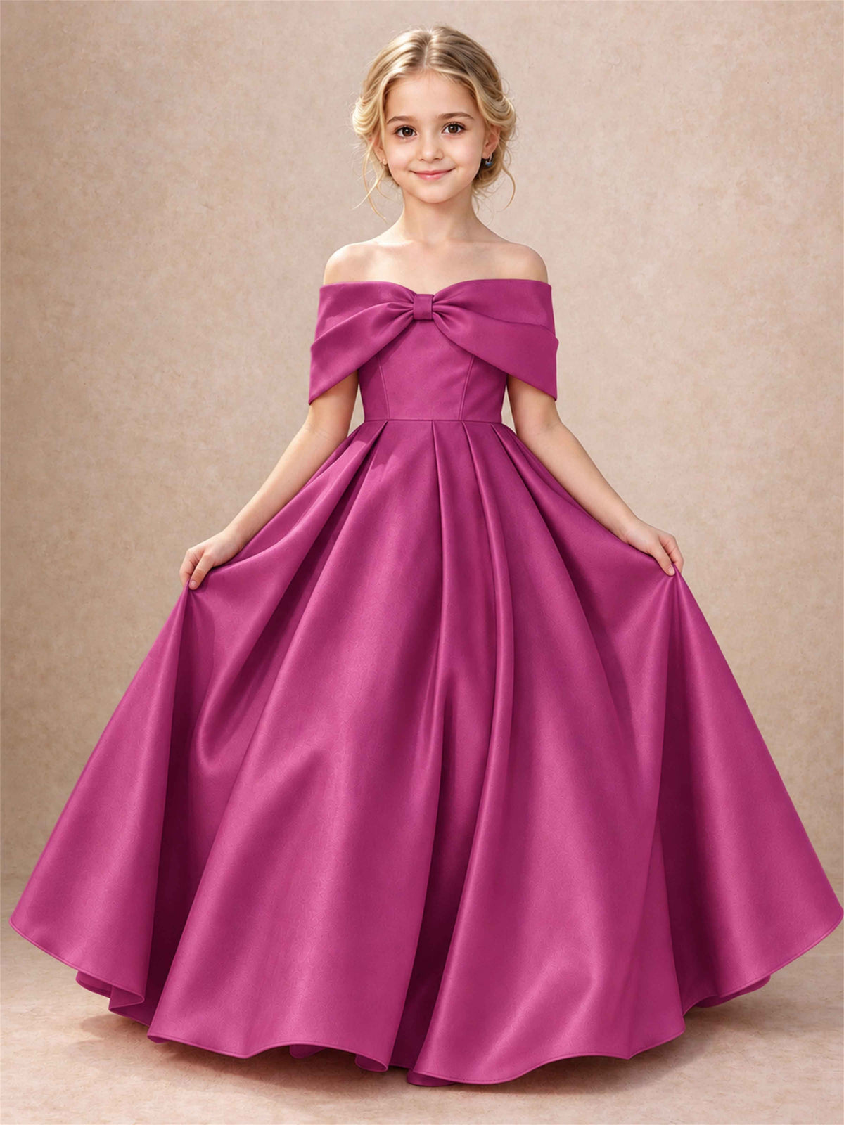 Off Shoulder Satin Flower Girl Dress Bow Detail Ball Gown for Wedding Pageant