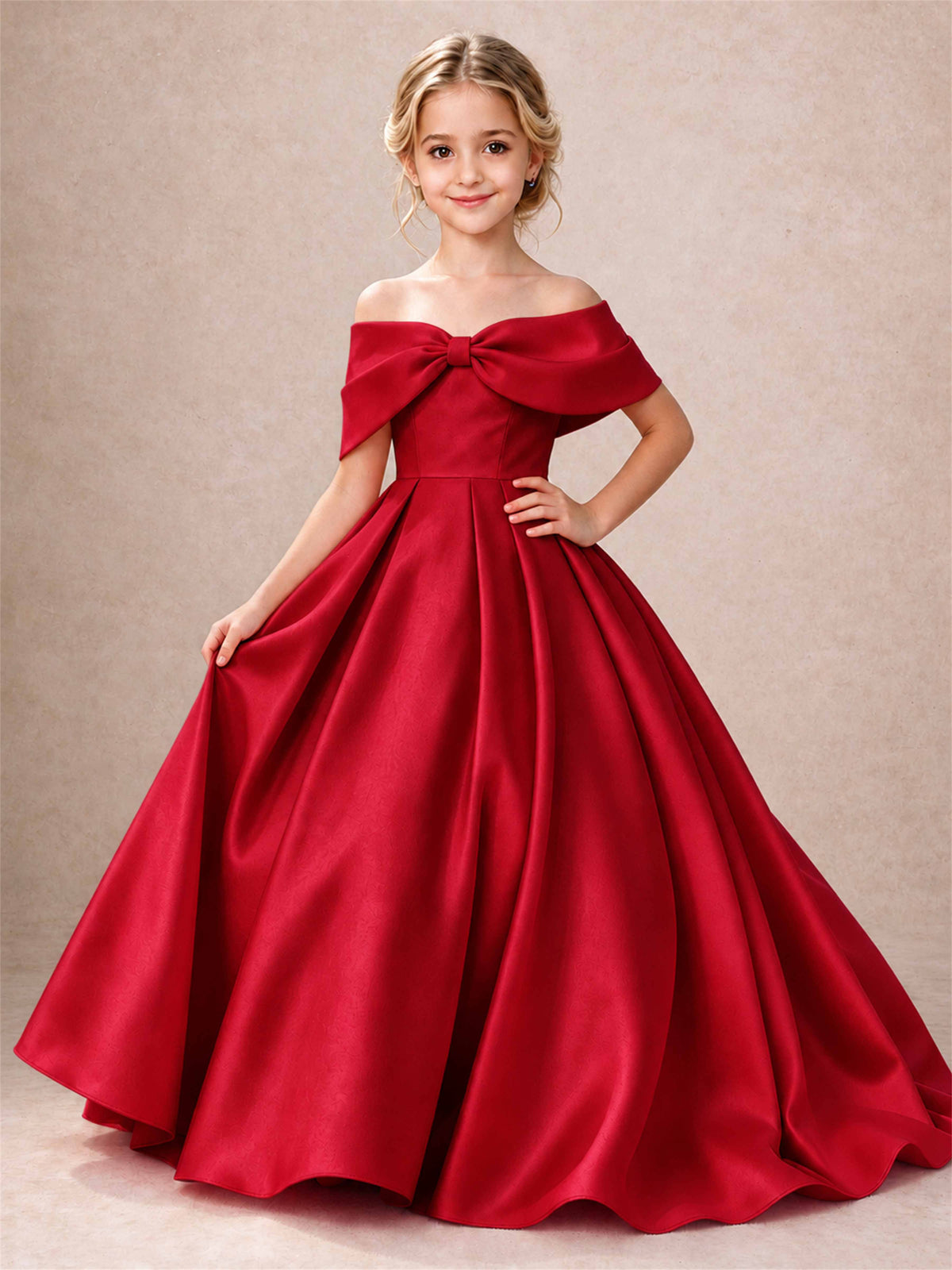 Off Shoulder Satin Flower Girl Dress Bow Detail Ball Gown for Wedding Pageant