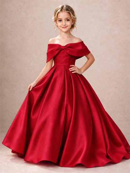 Off Shoulder Satin Flower Girl Dress Bow Detail Ball Gown for Wedding Pageant