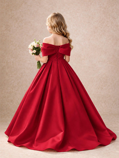 Off Shoulder Satin Flower Girl Dress Bow Detail Ball Gown for Wedding Pageant