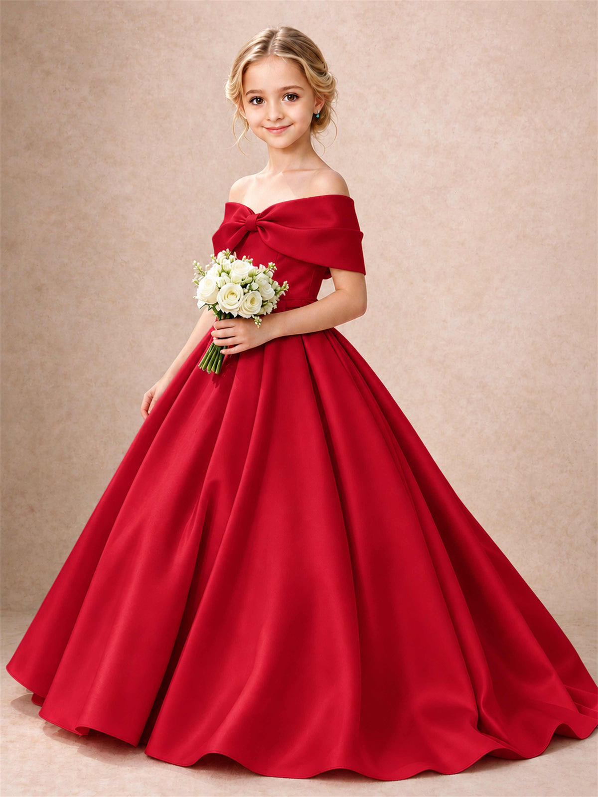 Off Shoulder Satin Flower Girl Dress Bow Detail Ball Gown for Wedding Pageant