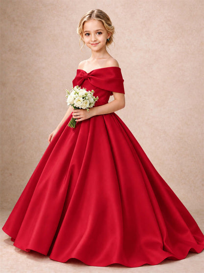 Off Shoulder Satin Flower Girl Dress Bow Detail Ball Gown for Wedding Pageant
