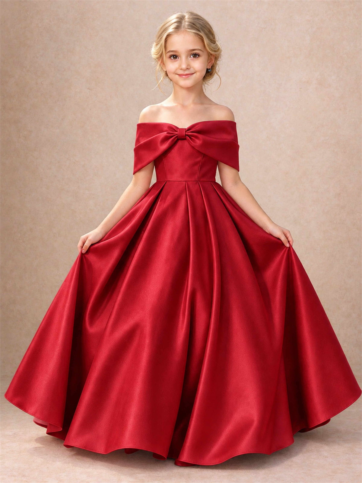 Off Shoulder Satin Flower Girl Dress Bow Detail Ball Gown for Wedding Pageant