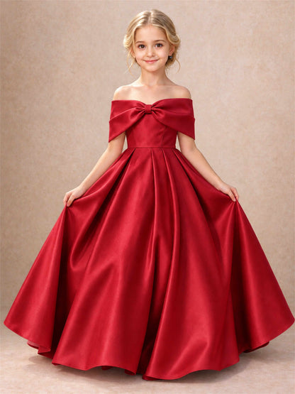 Off Shoulder Satin Flower Girl Dress Bow Detail Ball Gown for Wedding Pageant