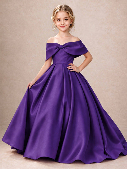 Off Shoulder Satin Flower Girl Dress Bow Detail Ball Gown for Wedding Pageant