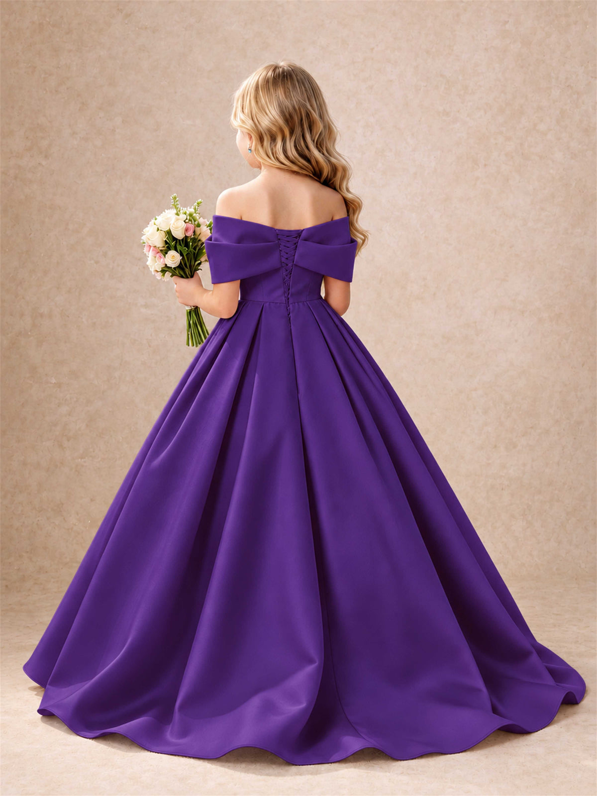 Off Shoulder Satin Flower Girl Dress Bow Detail Ball Gown for Wedding Pageant