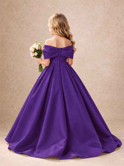 Off Shoulder Satin Flower Girl Dress Bow Detail Ball Gown for Wedding Pageant