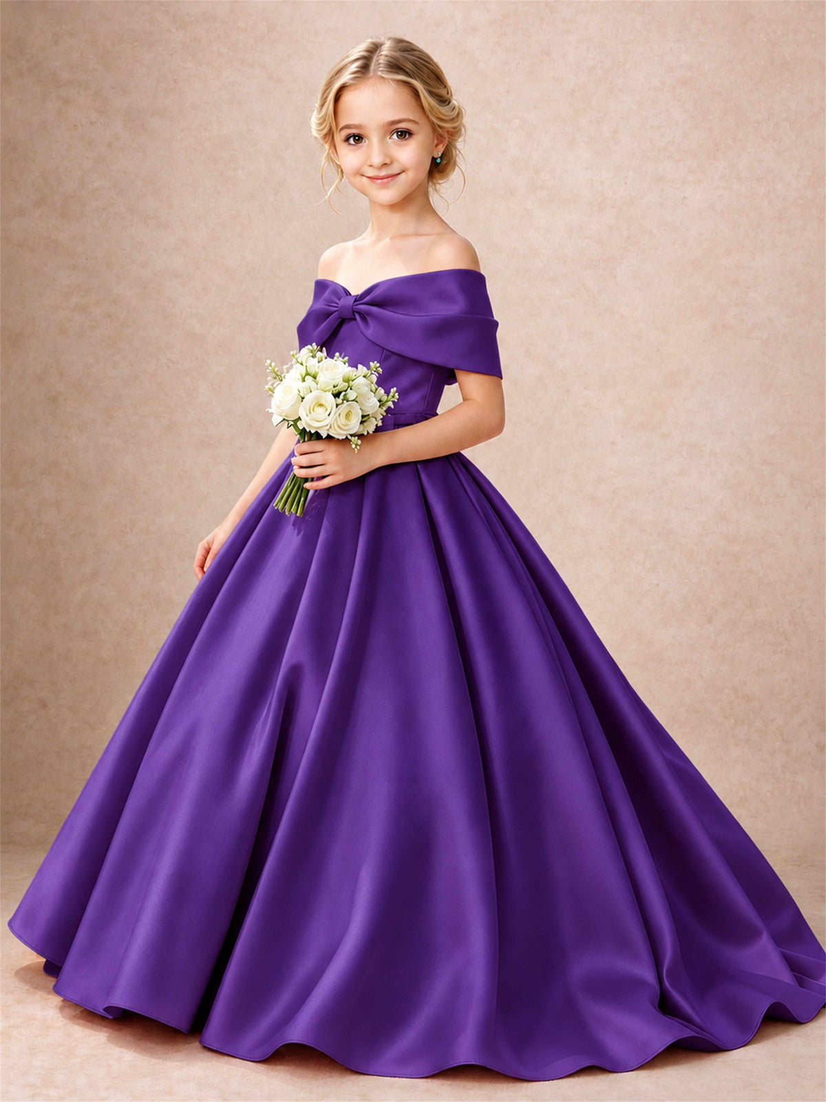 Off Shoulder Satin Flower Girl Dress Bow Detail Ball Gown for Wedding Pageant
