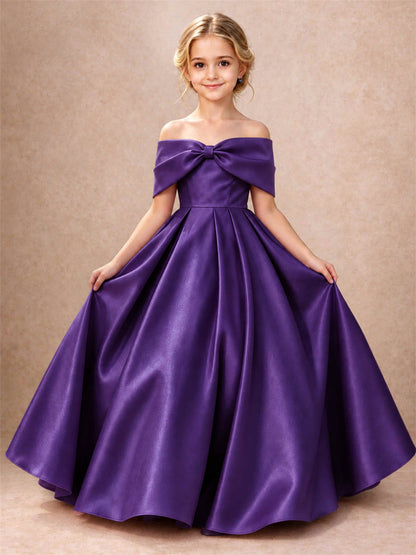 Off Shoulder Satin Flower Girl Dress Bow Detail Ball Gown for Wedding Pageant