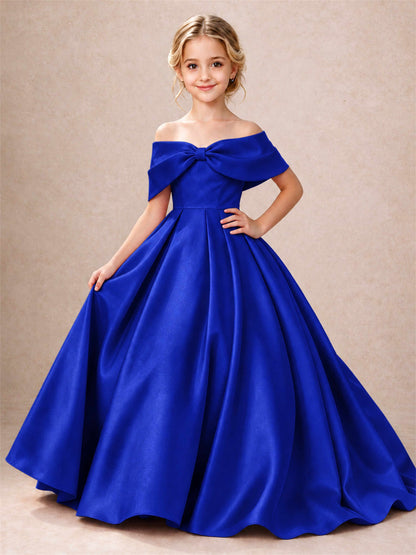 Off Shoulder Satin Flower Girl Dress Bow Detail Ball Gown for Wedding Pageant