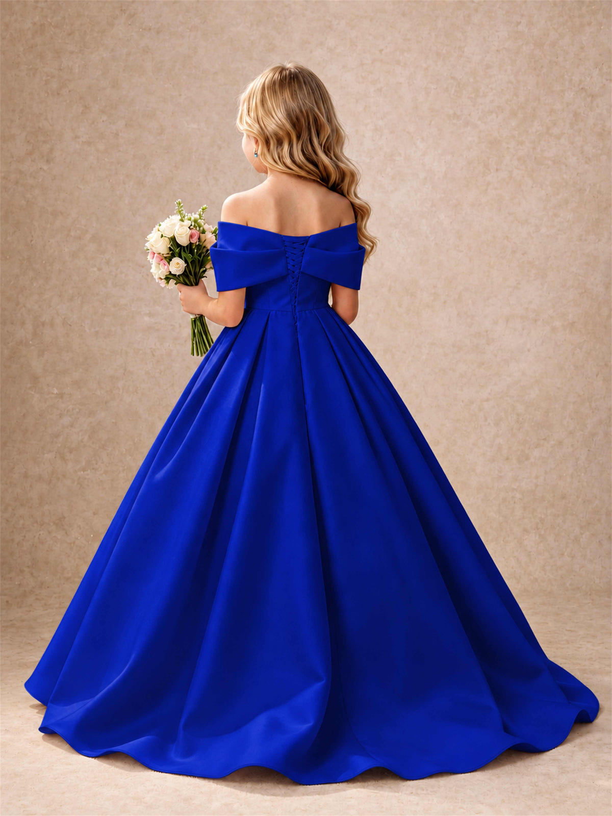 Off Shoulder Satin Flower Girl Dress Bow Detail Ball Gown for Wedding Pageant