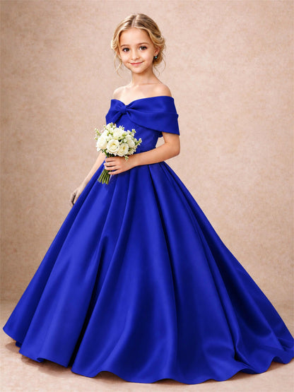 Off Shoulder Satin Flower Girl Dress Bow Detail Ball Gown for Wedding Pageant