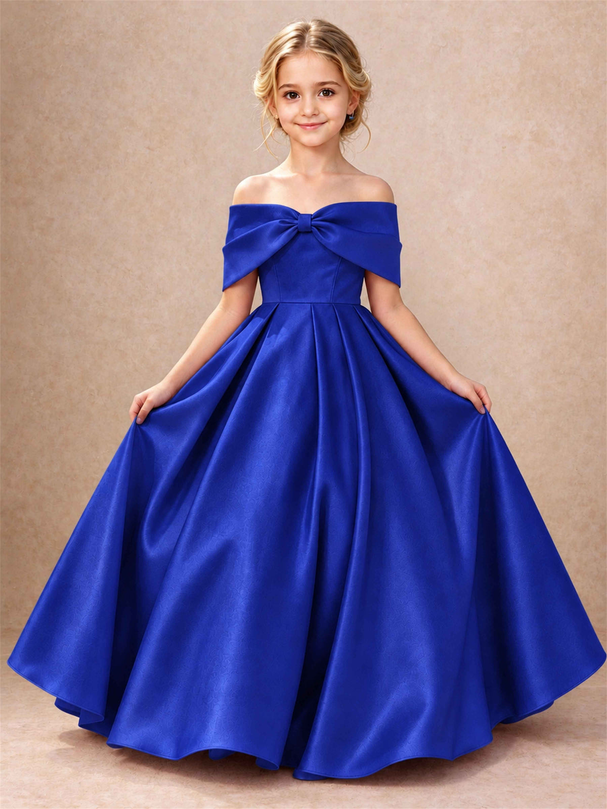 Off Shoulder Satin Flower Girl Dress Bow Detail Ball Gown for Wedding Pageant