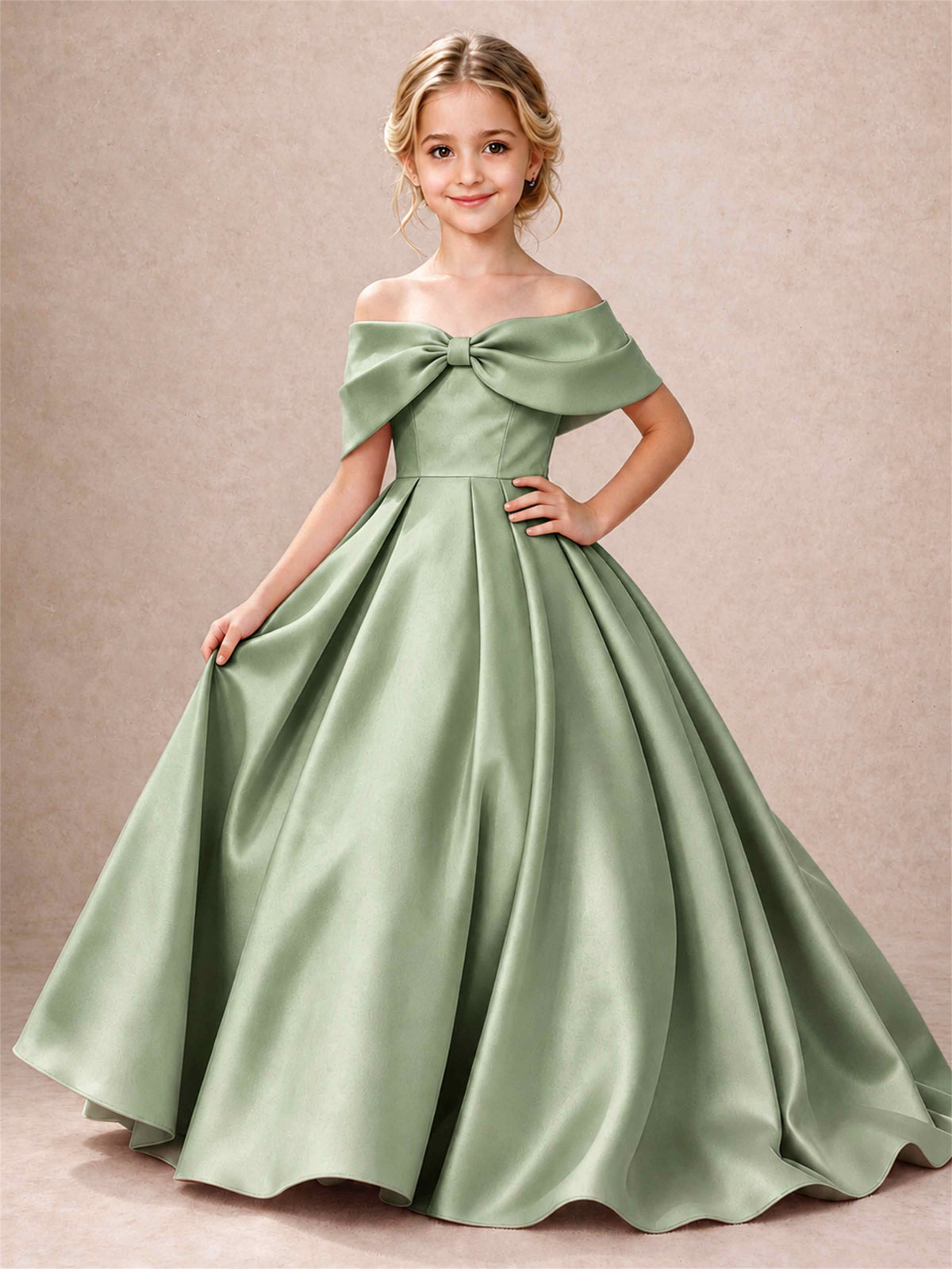 Off Shoulder Satin Flower Girl Dress Bow Detail Ball Gown for Wedding Pageant