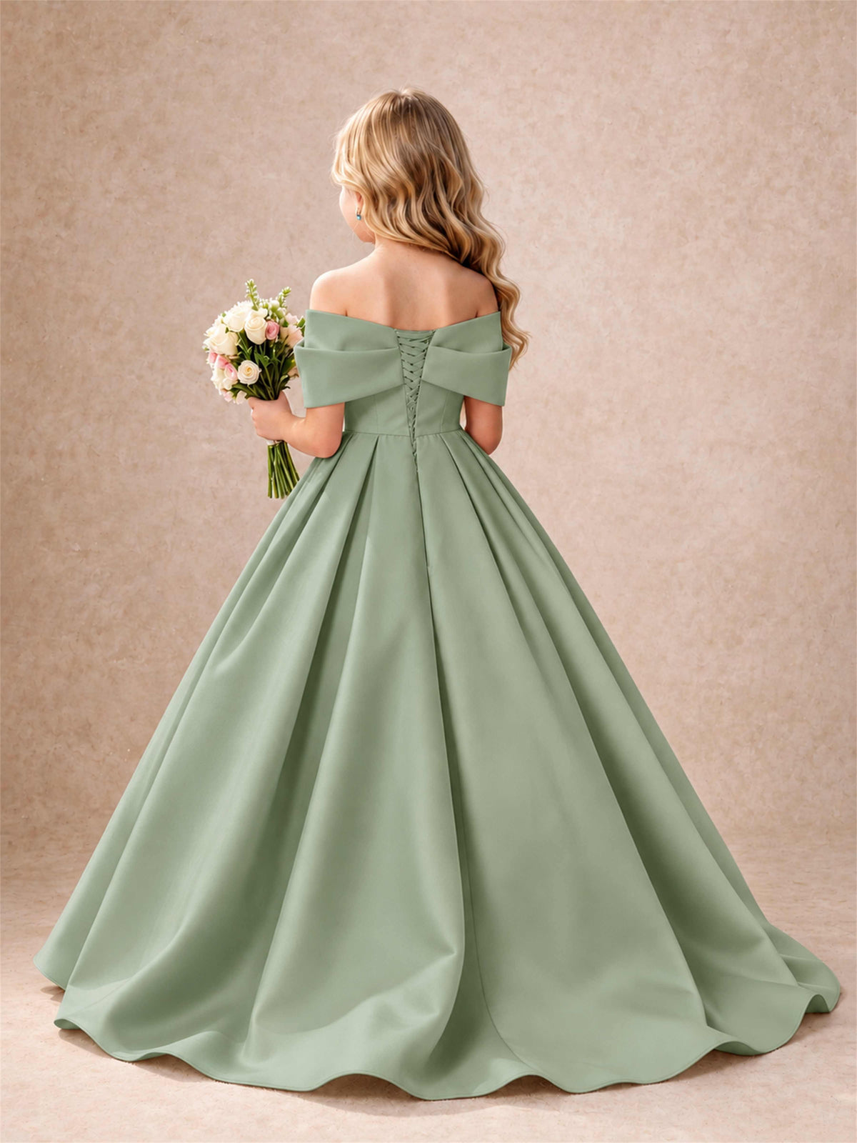 Off Shoulder Satin Flower Girl Dress Bow Detail Ball Gown for Wedding Pageant