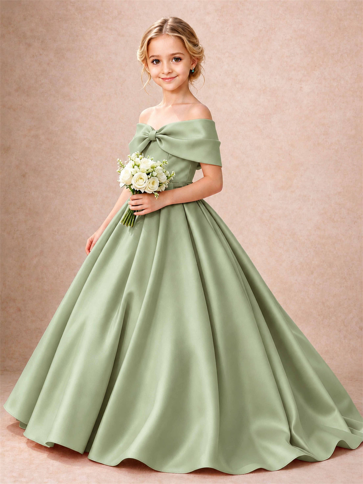Off Shoulder Satin Flower Girl Dress Bow Detail Ball Gown for Wedding Pageant